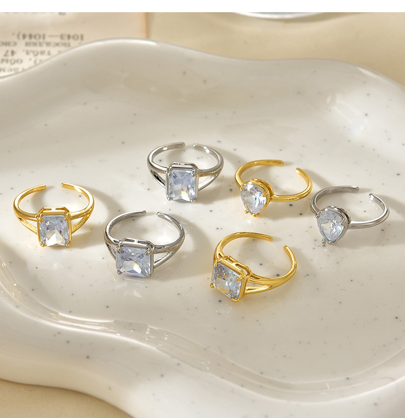 Fashion Golden 3 Copper Inlaid Zirconium Square Open Ring,Rings