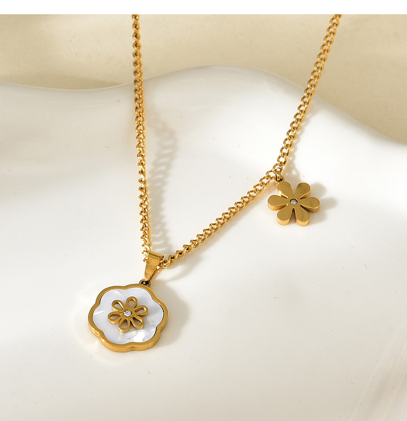 Fashion Gold Titanium Steel Inlaid Zirconium Shell Flower Pendant Necklace,Necklaces