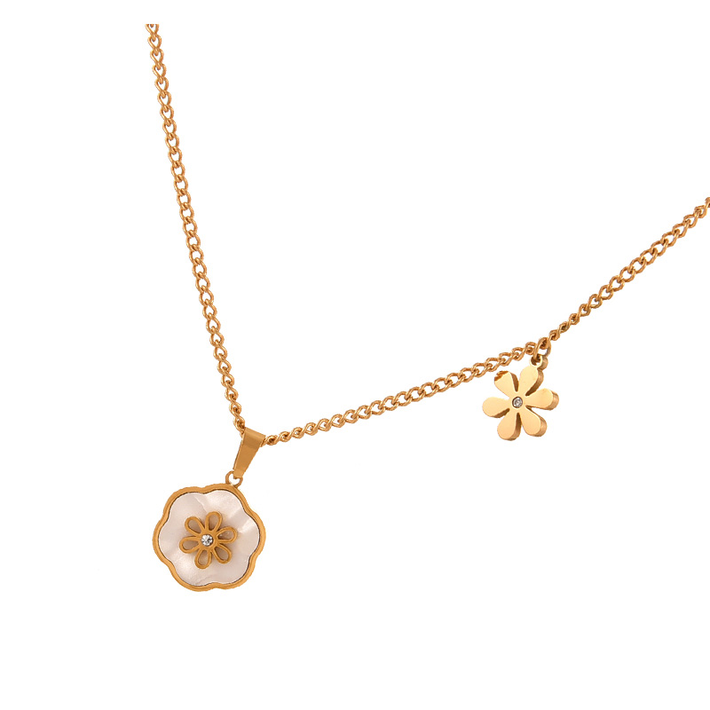 Fashion Gold Titanium Steel Inlaid Zirconium Shell Flower Pendant Necklace,Necklaces