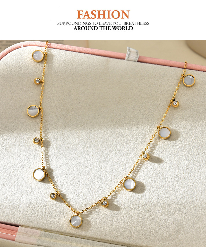 Fashion Gold Titanium Steel Inlaid Zirconium Shell Round Pendant Necklace,Necklaces