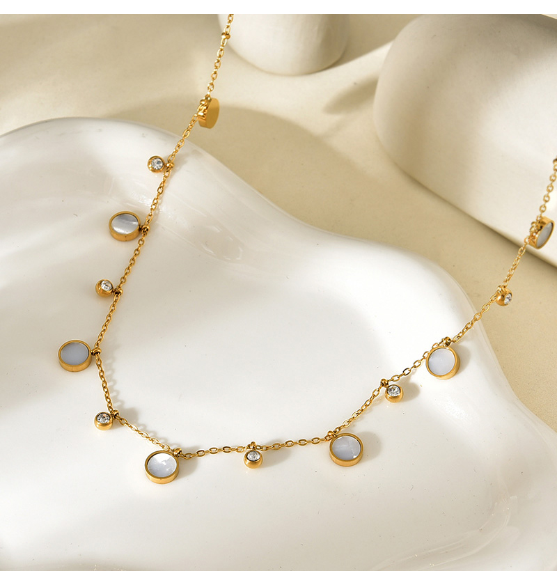 Fashion Gold Titanium Steel Inlaid Zirconium Shell Round Pendant Necklace,Necklaces