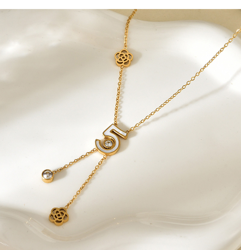 Fashion Gold Titanium Steel Inlaid Zirconium Shell Number 5 Flower Pendant Tassel Y Shape Necklace,Necklaces