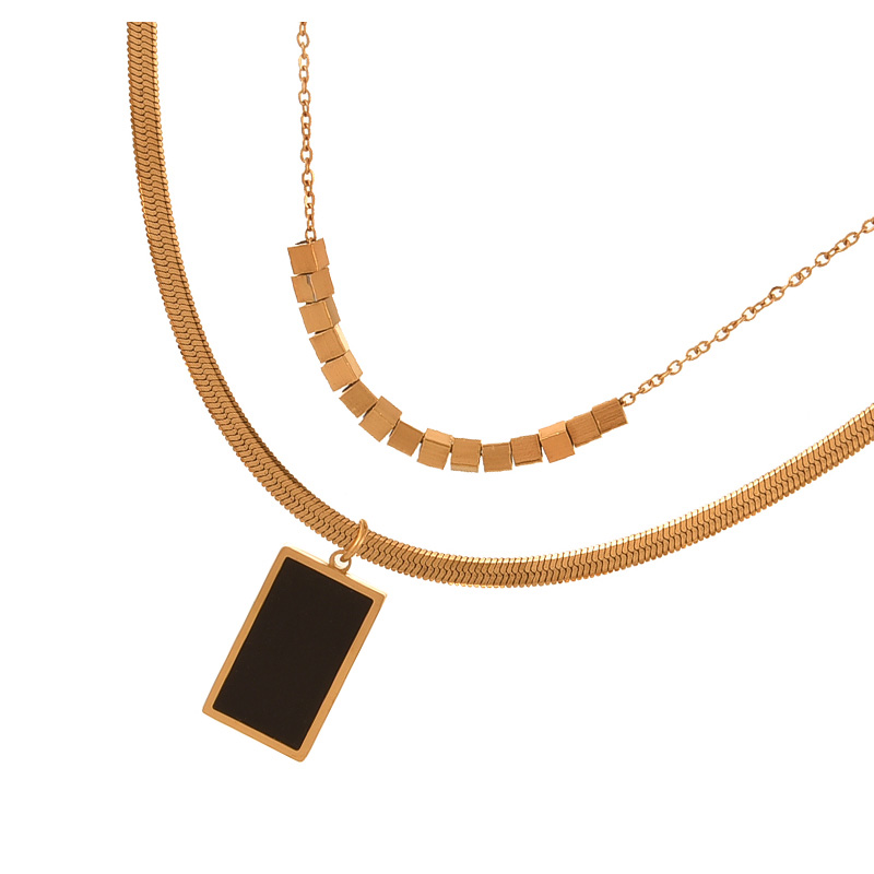 Fashion Black Double-layer Titanium Steel Small Square Beaded Shell Square Pendant Snake Bone Chain Necklace,Fashion Jewelry