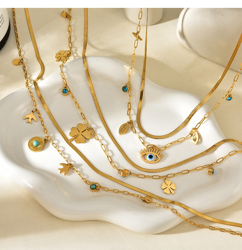 Fashion Golden 3 Double-layer Titanium Steel Round Turquoise Geometric Pendant Snake Bone Chain Necklace,Necklaces