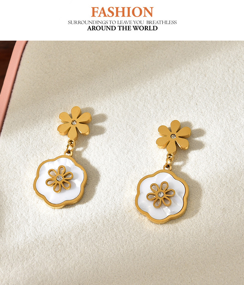 Fashion Gold Titanium Steel Inlaid Zirconium Shell Flower Pendant Earrings,Earrings