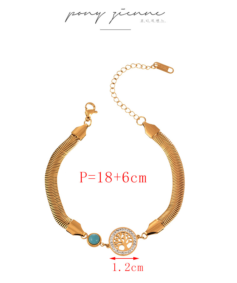 Fashion Golden 1 Titanium Steel Inlaid With Zirconium Hollow Tree Of Life Pendant Round Turquoise Snake Bone Chain Bracelet,Bracelets
