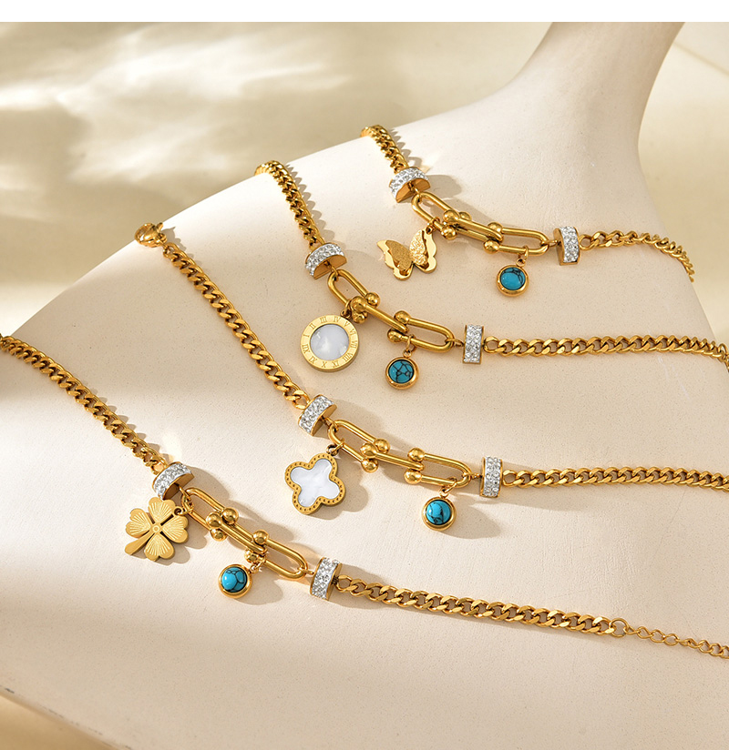 Fashion Golden 3 Titanium Steel Inlaid Zirconium Shell Round Pendant Round Turquoise Bracelet,Bracelets