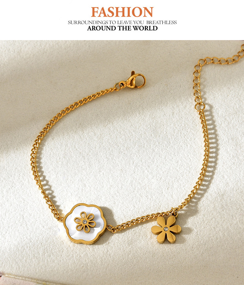 Fashion Gold Titanium Steel Inlaid Zirconium Shell Flower Pendant Bracelet,Bracelets