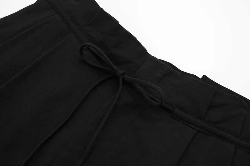 Fashion Black Linen Tie Pleated Shorts,Shorts