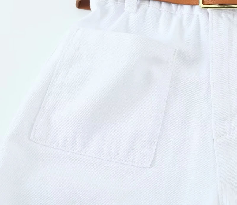 Fashion White Polyester Belted Oversized Pocket Shorts,Shorts