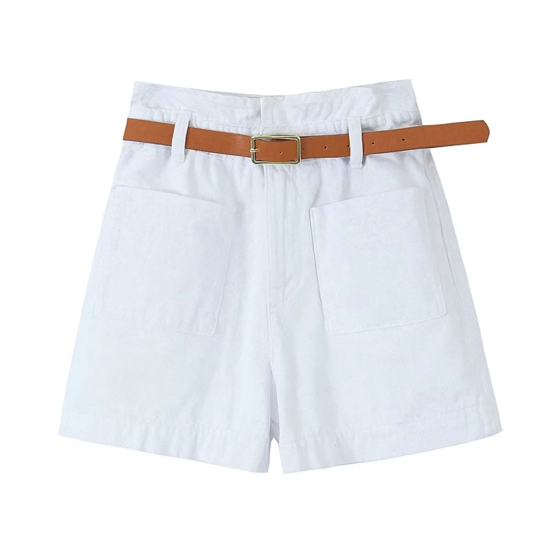 Fashion White Polyester Belted Oversized Pocket Shorts,Shorts
