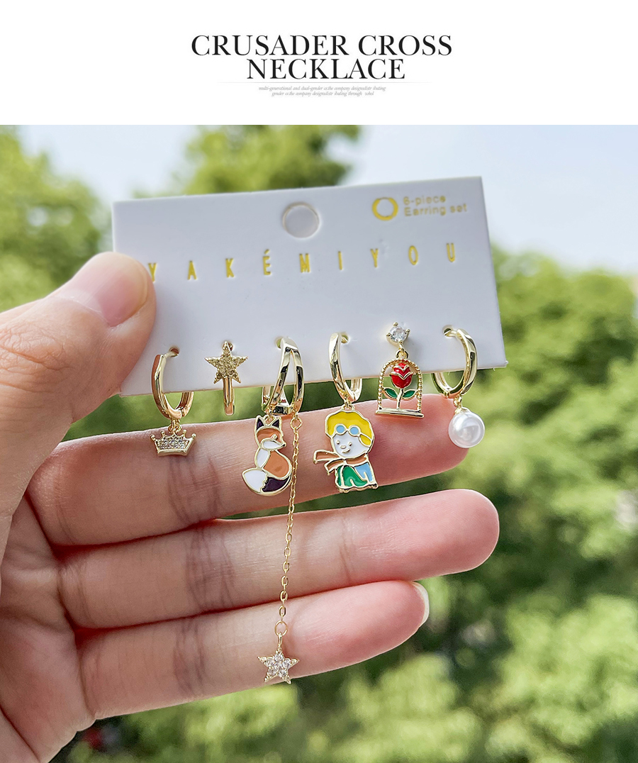 Fashion Gold Copper Inlaid Zircon Drip Oil Little Prince Fox Pendant Chain Earrings Set Of 6,Jewelry Set