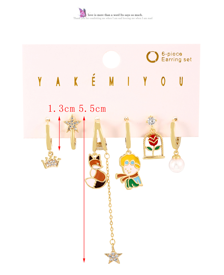 Fashion Gold Copper Inlaid Zircon Drip Oil Little Prince Fox Pendant Chain Earrings Set Of 6,Jewelry Set