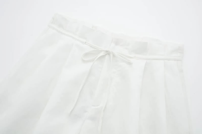 Fashion White Linen Pleated Lace-up Shorts,Shorts