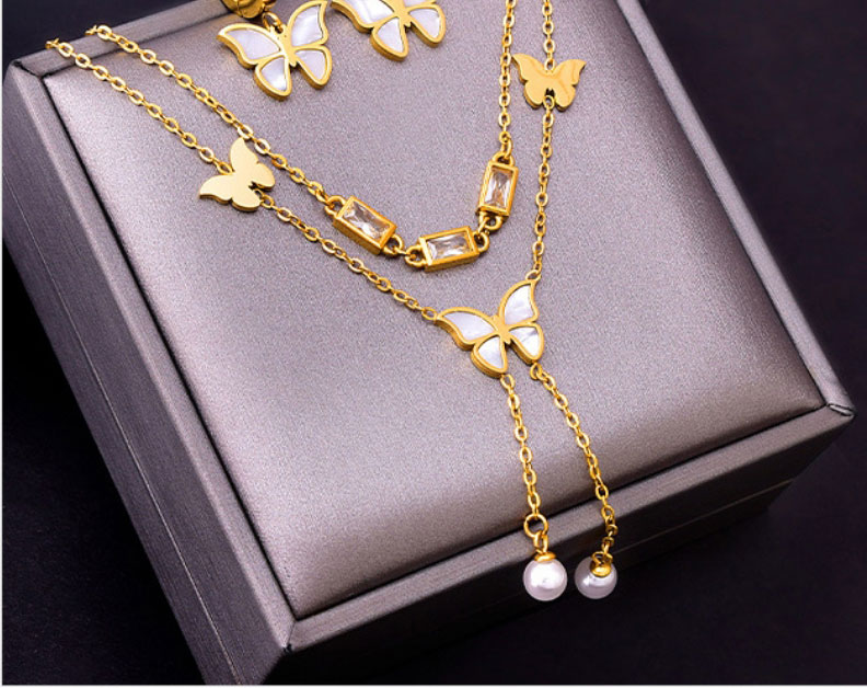 Fashion White Three Piece Set Titanium Steel Square Diamond Butterfly Bracelet Earrings Necklace Set,Jewelry Set