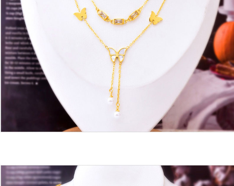 Fashion Green Necklace+bracelet Titanium Steel Square Diamond Butterfly Bracelet Necklace Set,Jewelry Set