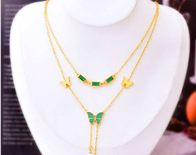 Fashion Green Necklace+earrings Titanium Steel Square Diamond Butterfly Earrings Necklace Set,Jewelry Set