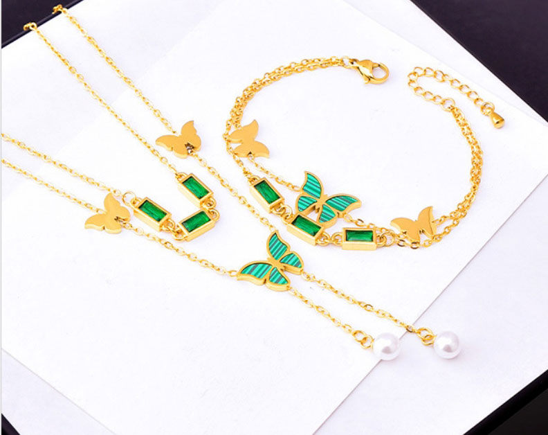Fashion Green Necklace+earrings Titanium Steel Square Diamond Butterfly Earrings Necklace Set,Jewelry Set