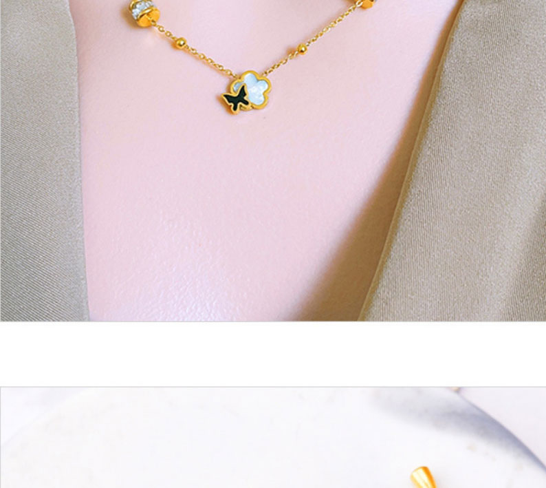 Fashion Necklace+bracelet Titanium Steel Inlaid Zirconium Shell Butterfly Flower Necklace Bracelet Set,Jewelry Set