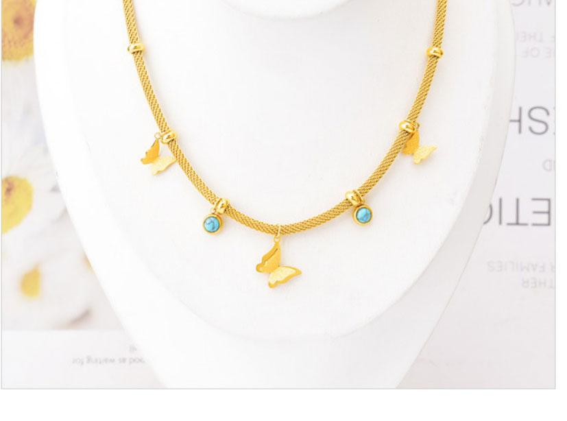 Fashion Necklace+bracelet Titanium Steel Round Blue Pine Frosted Butterfly Bracelet Necklace Set,Jewelry Set
