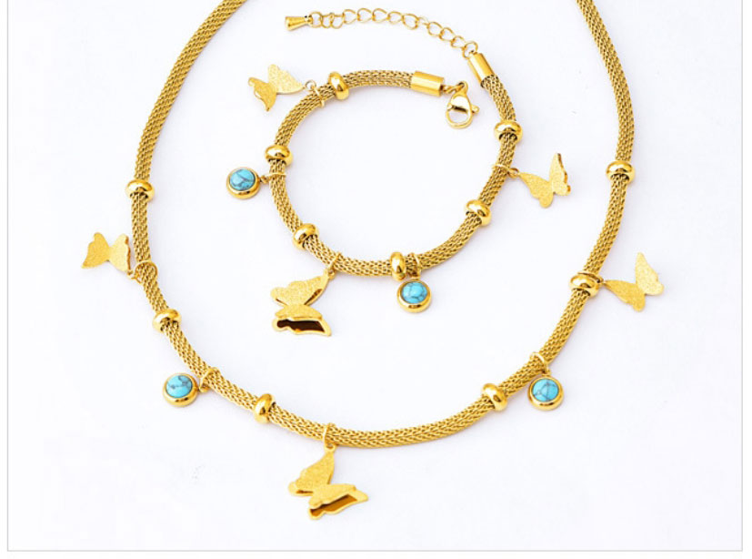 Fashion Necklace+bracelet Titanium Steel Round Blue Pine Frosted Butterfly Bracelet Necklace Set,Jewelry Set