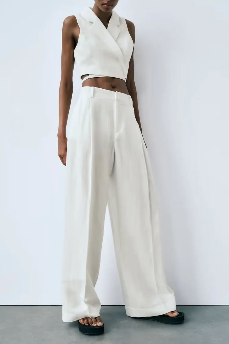 Fashion White Linen Straight-leg Trousers,Pants