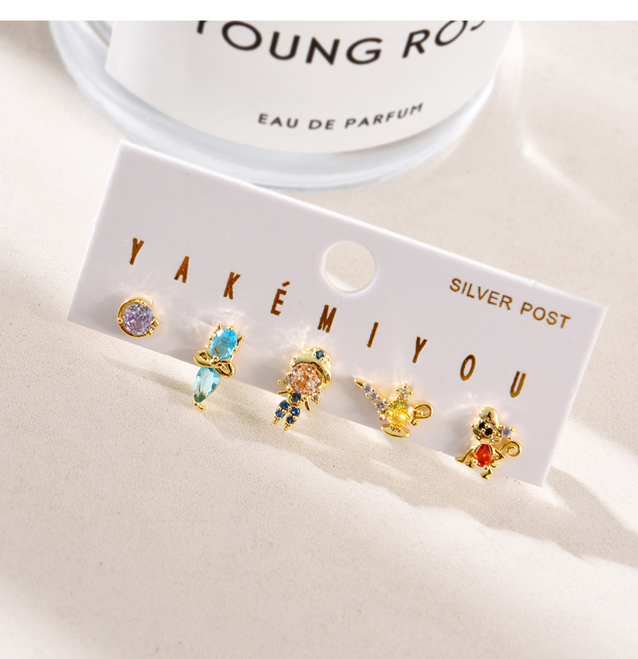 Fashion Gold Set Of 5 Copper Inlaid Zircon Princess Stud Earrings,Earring Set