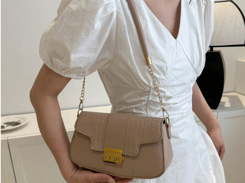 Fashion Khaki Pu Lock Flap Crossbody Bag,Shoulder bags