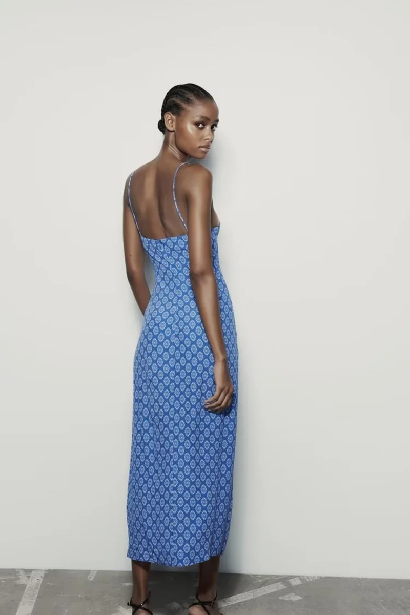 Fashion Blue Printed Slit Dress,Long Dress