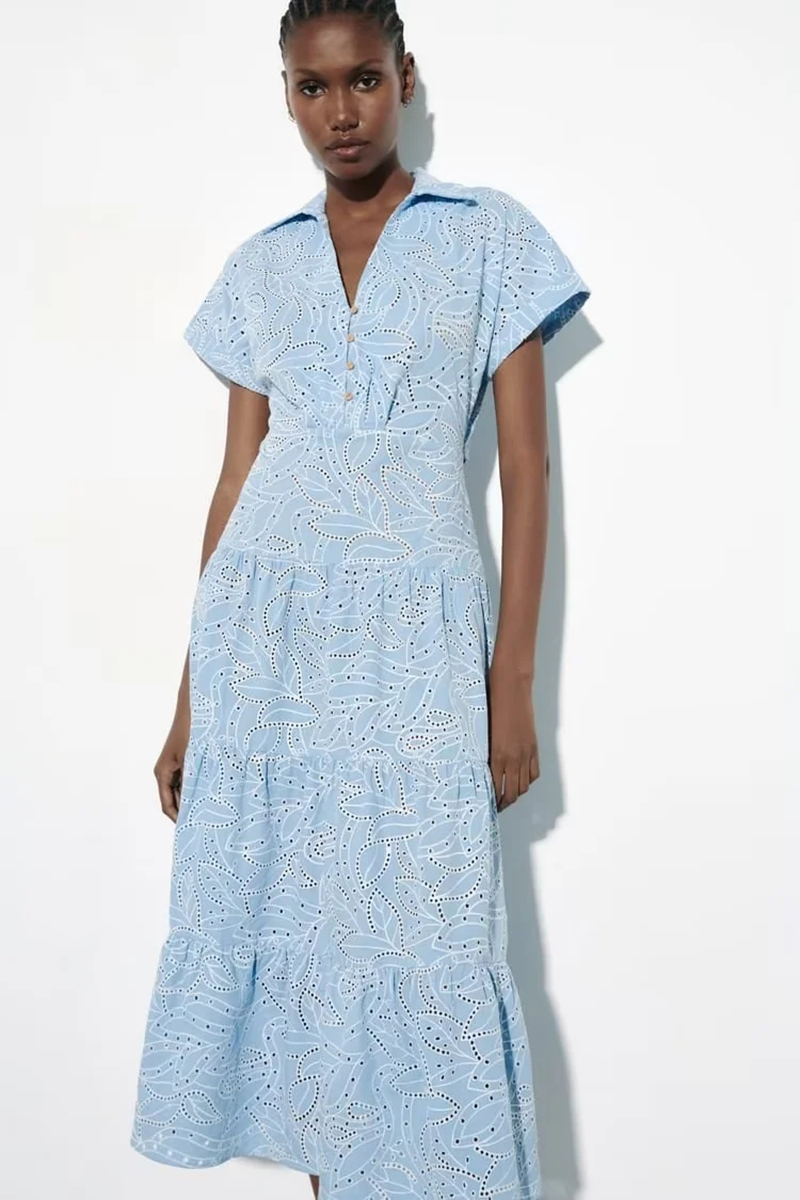 Fashion Blue Polyester Cutout Embroidered Dress,Long Dress