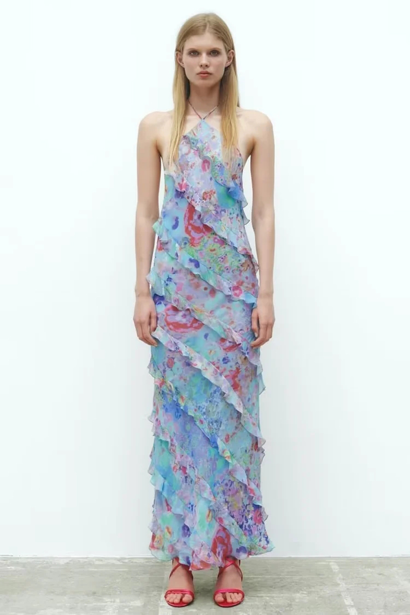 Fashion Printing Printed Tiered Ruffle Dress,Long Dress
