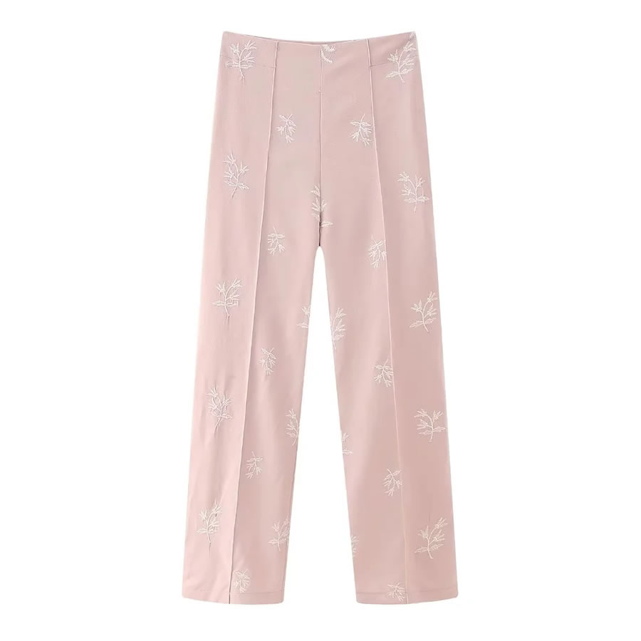 Fashion Pink Woven Embroidered Straight-leg Trousers,Pants