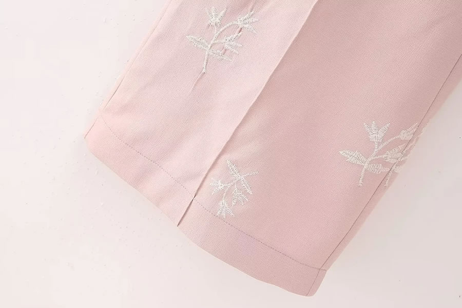 Fashion Pink Woven Embroidered Straight-leg Trousers,Pants