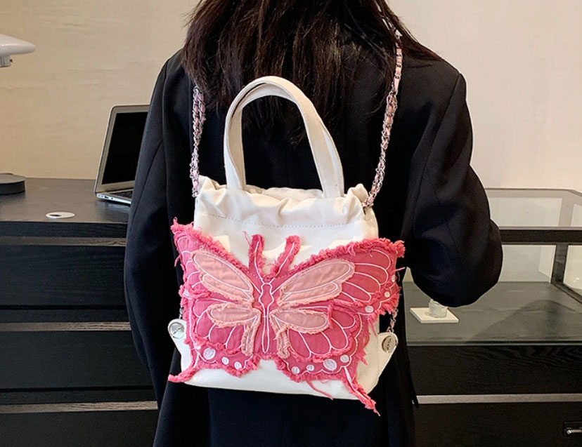 Fashion Small Pink Canvas Butterfly Embroidered Drawstring Backpack,Backpack