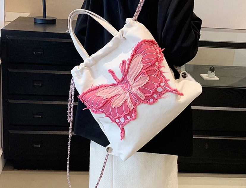 Fashion Small Pink Canvas Butterfly Embroidered Drawstring Backpack,Backpack