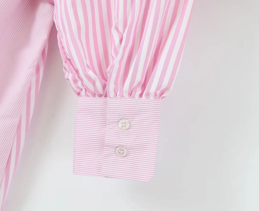 Fashion Pink Polyester Striped Lapel Collar Dress,Long Dress