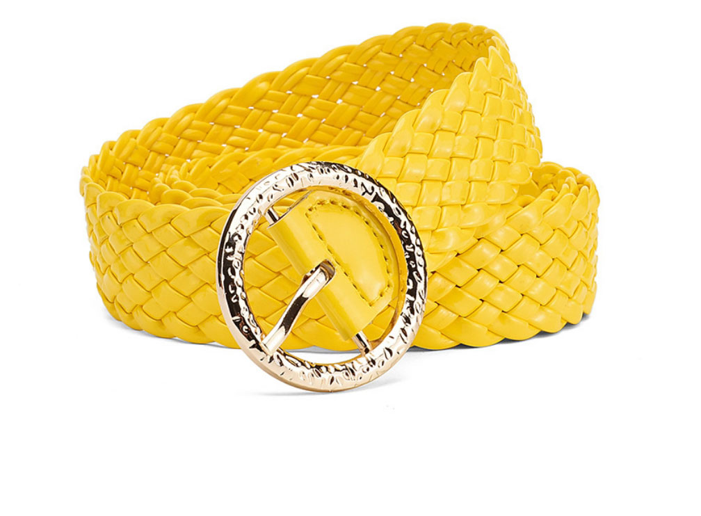Fashion Yellow Metal Round Buckle Pu Bright Color Braided Wide Belt,Wide belts