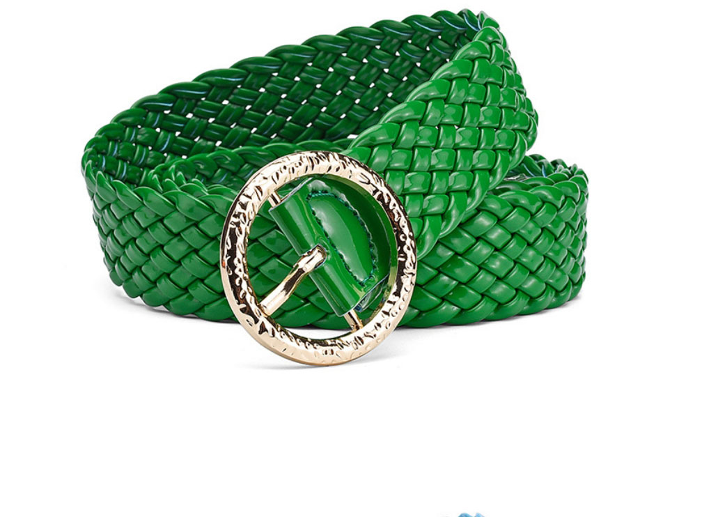 Fashion Green Metal Round Buckle Pu Bright Color Braided Wide Belt,Wide belts