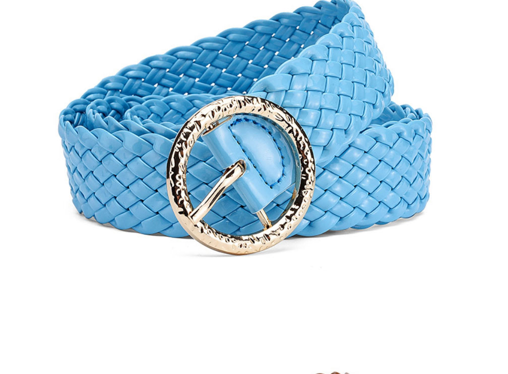 Fashion Sky Blue Metal Round Buckle Pu Bright Color Braided Wide Belt,Wide belts