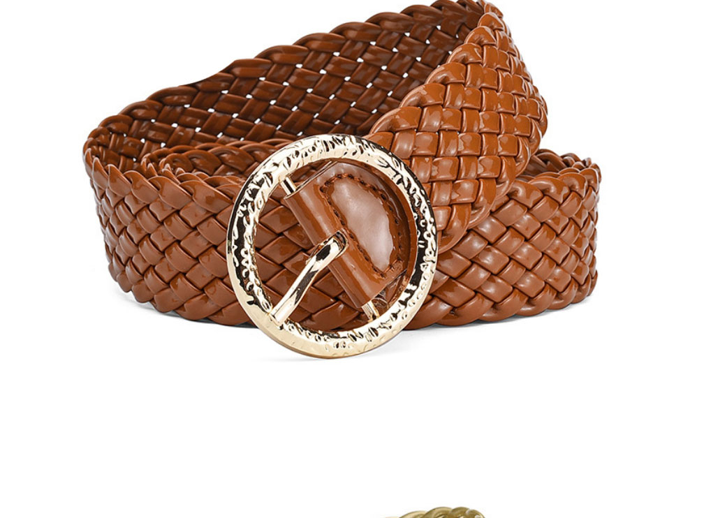 Fashion Gold Metal Round Buckle Pu Bright Color Braided Wide Belt,Wide belts