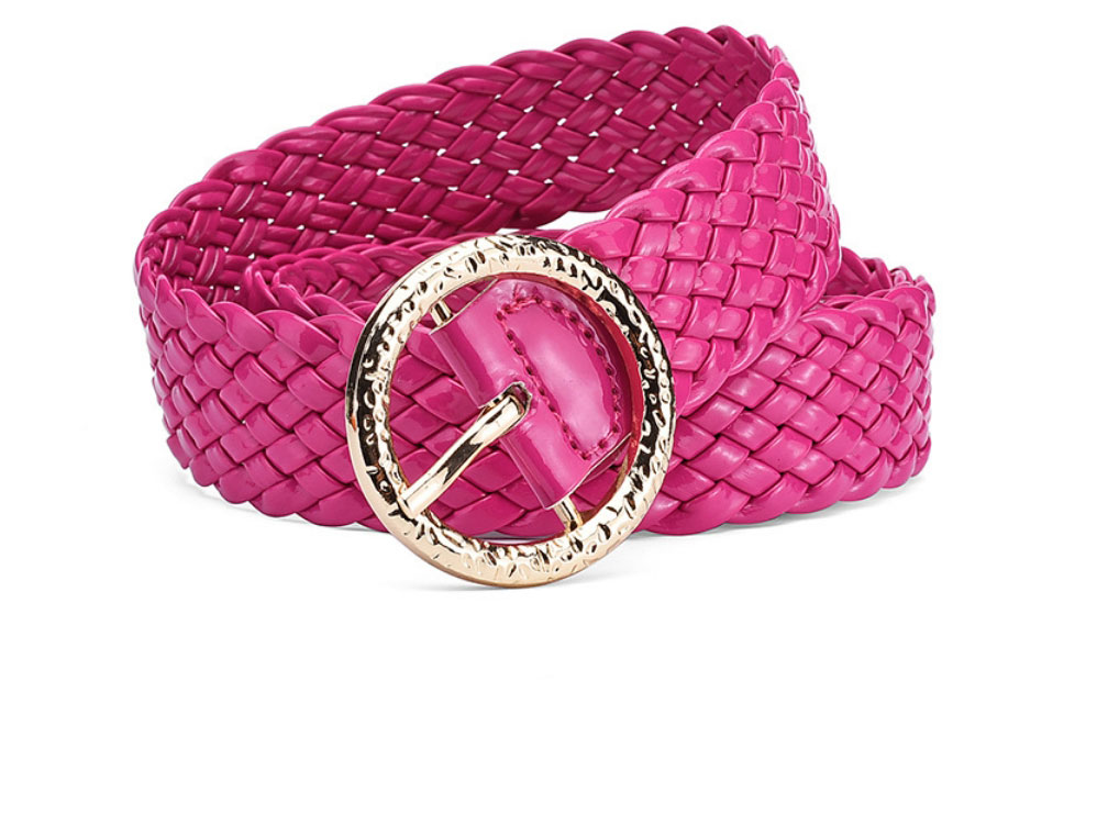 Fashion Rose Red Metal Round Buckle Pu Bright Color Braided Wide Belt,Wide belts