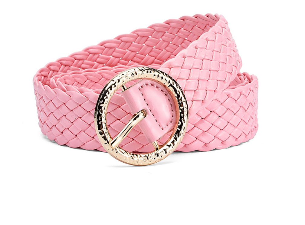 Fashion Pink Metal Round Buckle Pu Bright Color Braided Wide Belt,Wide belts