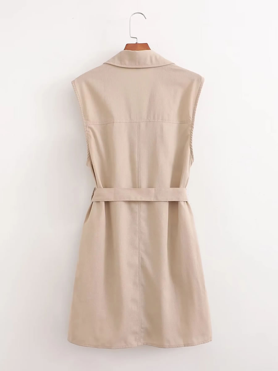 Fashion Khaki Cotton Lapel Collar Sleeveless Dress,Long Dress