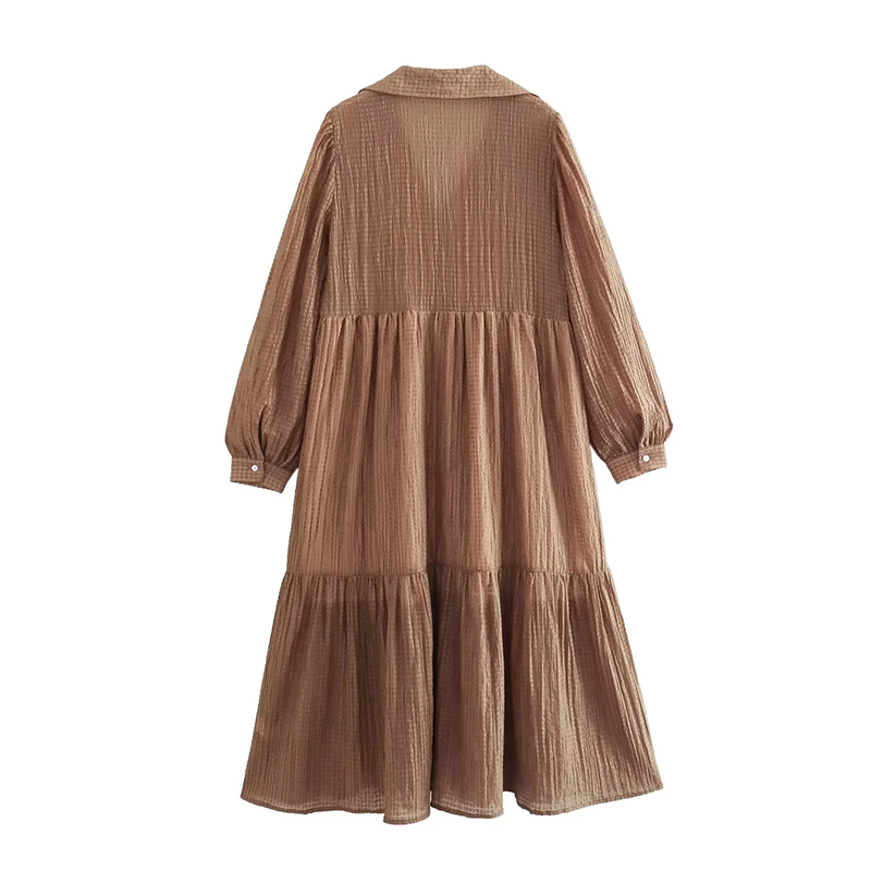 Fashion Coffee Color Polyester Lapel Pleated Dress,Long Dress