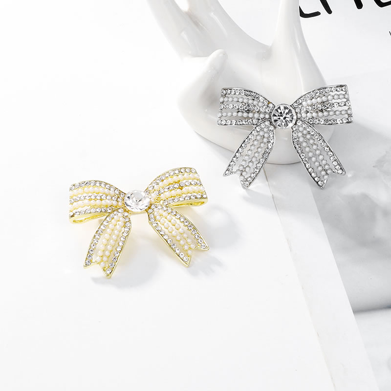 Fashion Gold Alloy Diamond And Pearl Bow Brooch,Korean Brooches