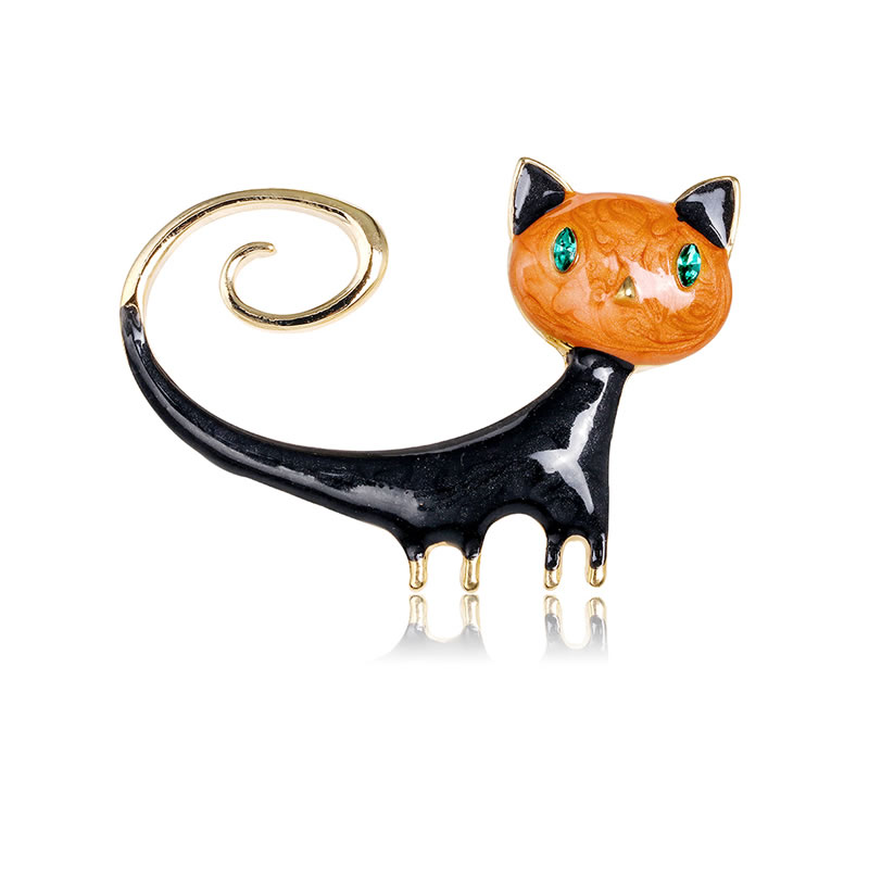 Fashion Orange Alloy Diamond Drip Oil Cat Brooch,Korean Brooches