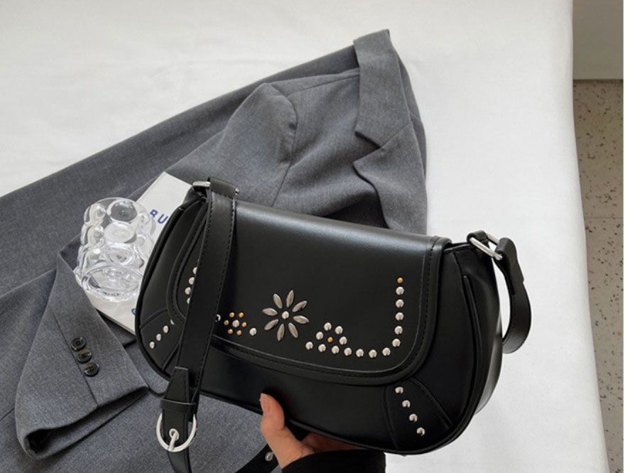 Fashion Black Pu Rivet Flap Crossbody Bag,Shoulder bags