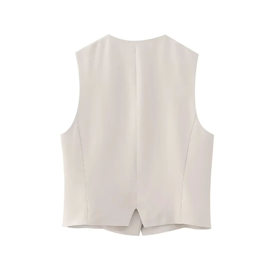 Fashion Off White Woven V Neck Button Breasted Vest,Coat-Jacket