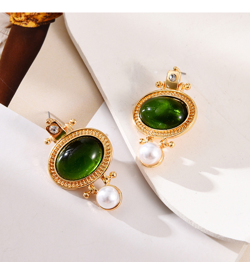 Fashion Green Alloy Diamond Geometric Pearl Stud Earrings,Stud Earrings