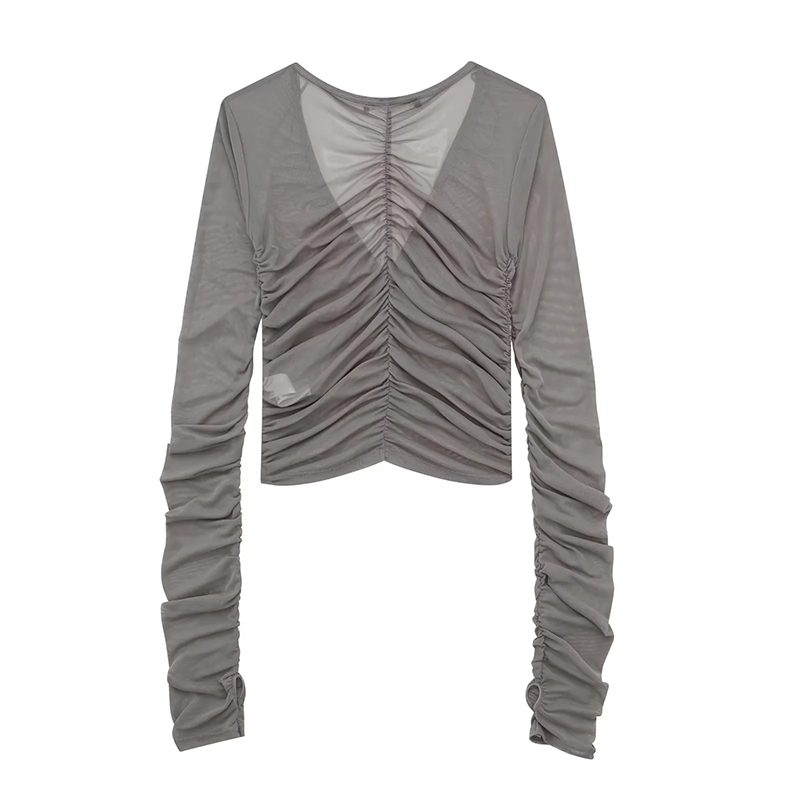 Fashion Grey Mesh Pleated V-neck Top,Tank Tops & Camis